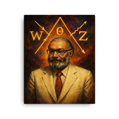 Abdus Salam in white suit with electroweak symbolism canvas print on a plain backdrop in size 16"x20".