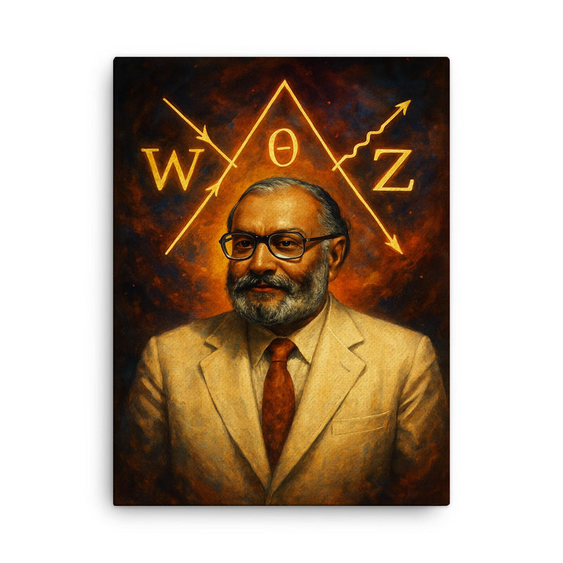 Abdus Salam in white suit with electroweak symbolism canvas print on a plain backdrop in size 18
