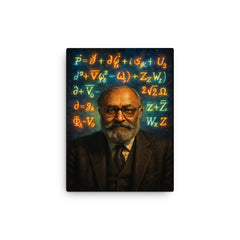 Abdus Salam under luminous electroweak equations canvas print on a plain backdrop in size 12"x16".