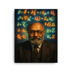Abdus Salam under luminous electroweak equations canvas print on a plain backdrop in size 16"x20".