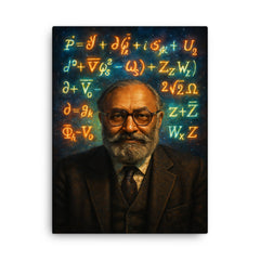 Abdus Salam under luminous electroweak equations canvas print on a plain backdrop in size 18"x24".