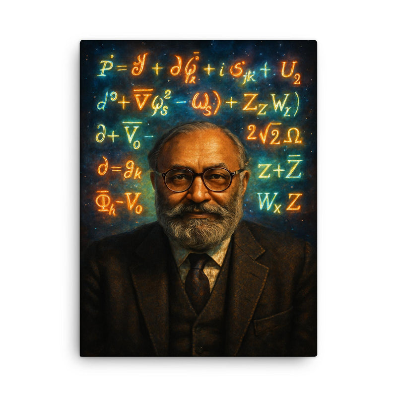 Abdus Salam under luminous electroweak equations canvas print on a plain backdrop in size 18