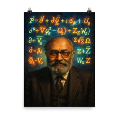 Abdus Salam under luminous electroweak equations poster on a plain backdrop in size 8"x10".