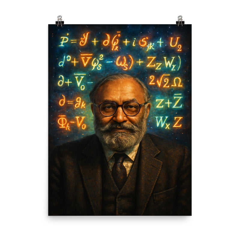 Abdus Salam under luminous electroweak equations poster on a plain backdrop in size 8
