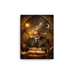 Abdus Salam under star charts and calligraphy canvas print on a plain backdrop in size 12"x16".