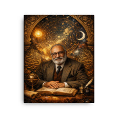Abdus Salam under star charts and calligraphy canvas print on a plain backdrop in size 16"x20".