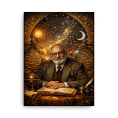 Abdus Salam under star charts and calligraphy canvas print on a plain backdrop in size 18"x24".