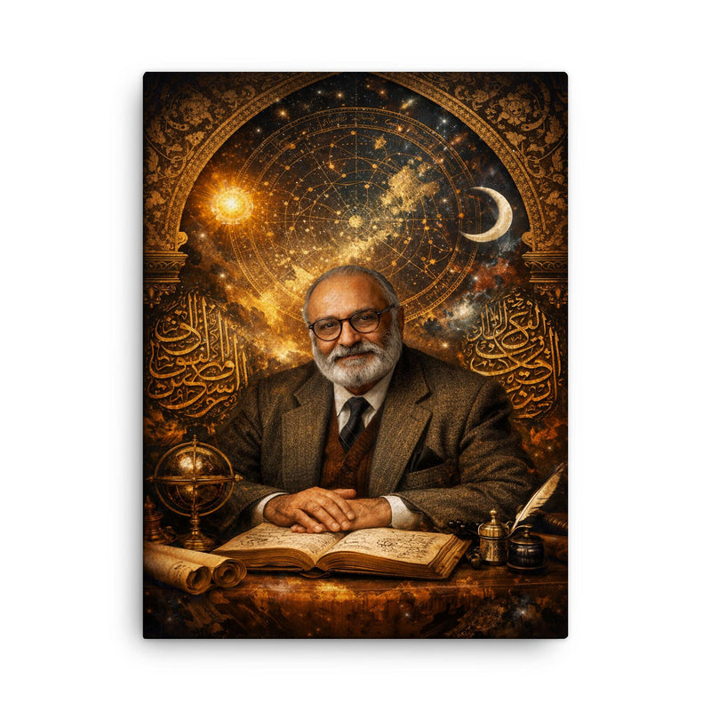 Abdus Salam under star charts and calligraphy canvas print on a plain backdrop in size 18
