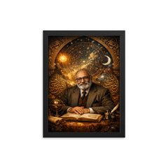 Abdus Salam under star charts and calligraphy framed print on a plain backdrop in size 12"x16".