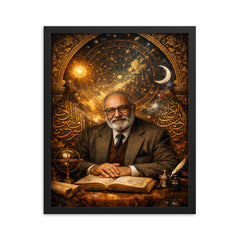 Abdus Salam under star charts and calligraphy framed print on a plain backdrop in size 16"x20".