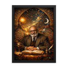 Abdus Salam under star charts and calligraphy framed print on a plain backdrop in size 18"x24".
