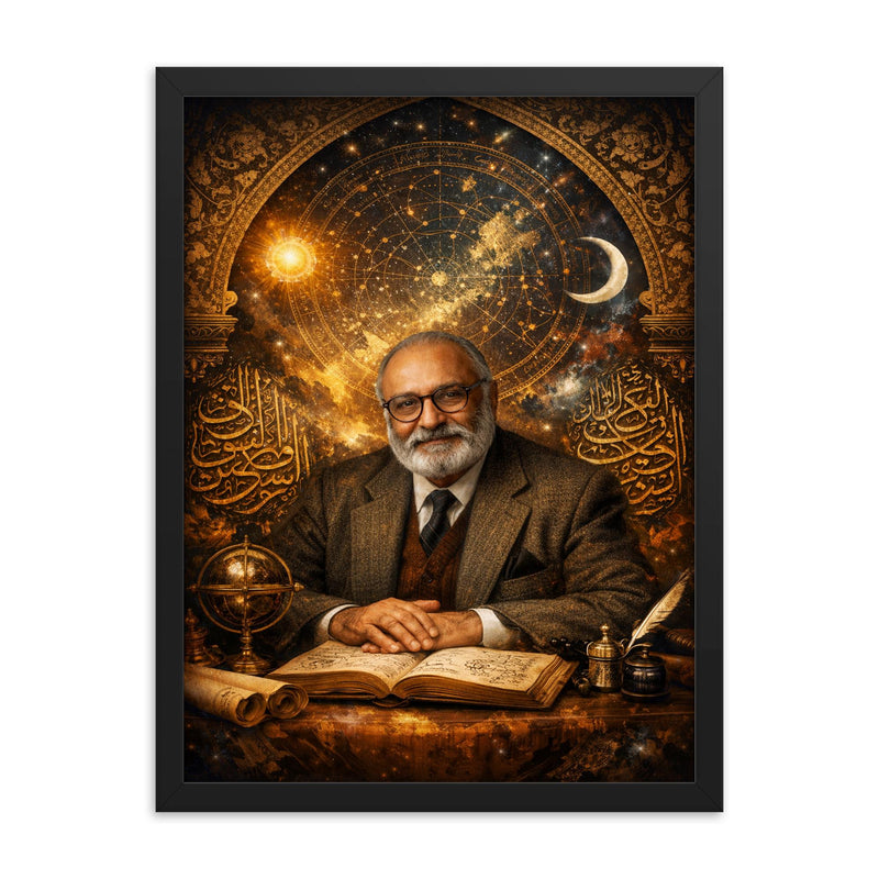 Abdus Salam under star charts and calligraphy framed print on a plain backdrop in size 18