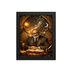 Abdus Salam under star charts and calligraphy framed print on a plain backdrop in size 8"x10".