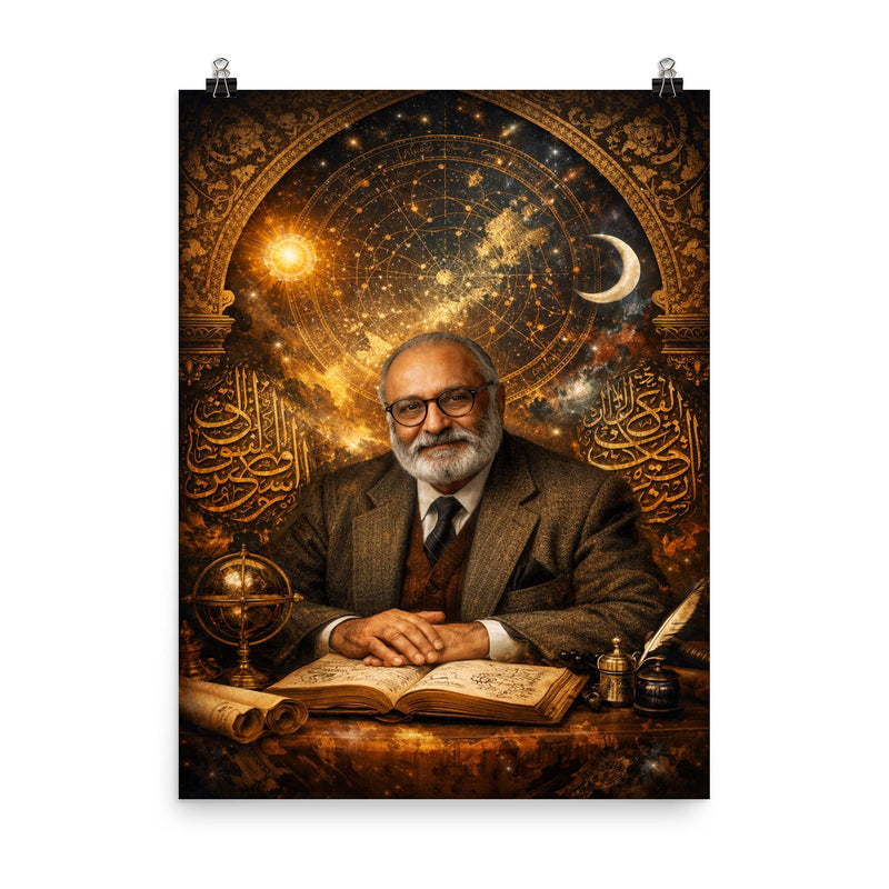 Abdus Salam under star charts and calligraphy poster on a plain backdrop in size 8