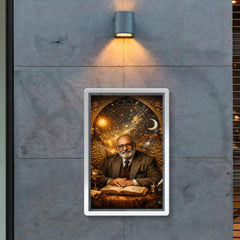Abdus Salam under star charts and calligraphy poster 2
