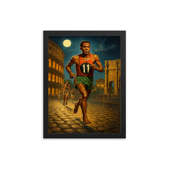 Abebe Bikila barefoot Olympic marathon through Rome framed print on a plain backdrop in size 12"x16".