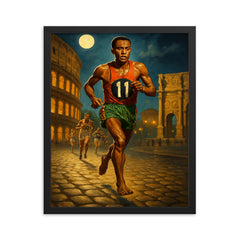 Abebe Bikila barefoot Olympic marathon through Rome framed print on a plain backdrop in size 16"x20".