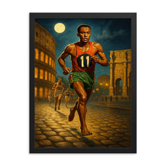 Abebe Bikila barefoot Olympic marathon through Rome framed print on a plain backdrop in size 18"x24".
