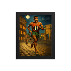 Abebe Bikila barefoot Olympic marathon through Rome framed print on a plain backdrop in size 8"x10".
