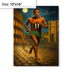 Abebe Bikila barefoot Olympic marathon through Rome metal print on a plain backdrop in size 12"x16".