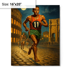 Abebe Bikila barefoot Olympic marathon through Rome metal print on a plain backdrop in size 16"x20".
