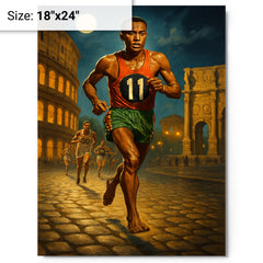 Abebe Bikila barefoot Olympic marathon through Rome metal print on a plain backdrop in size 18"x24".