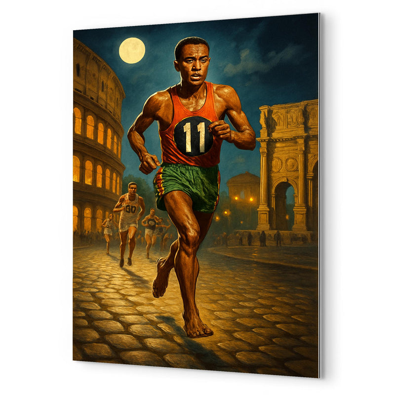 Abebe Bikila barefoot Olympic marathon through Rome metal print mockup