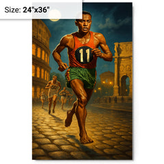 Abebe Bikila barefoot Olympic marathon through Rome metal print on a plain backdrop in size 24"x36".