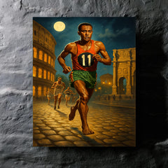 Abebe Bikila barefoot Olympic marathon through Rome metal print mockup