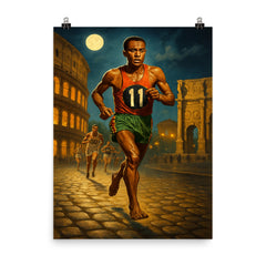 Abebe Bikila barefoot Olympic marathon through Rome poster on a plain backdrop in size 8"x10".