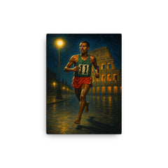Abebe Bikila barefoot victory under Roman night lights canvas print on a plain backdrop in size 12"x16".