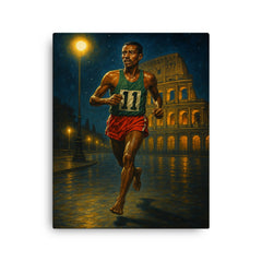 Abebe Bikila barefoot victory under Roman night lights canvas print on a plain backdrop in size 16"x20".