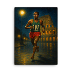 Abebe Bikila barefoot victory under Roman night lights canvas print on a plain backdrop in size 18"x24".