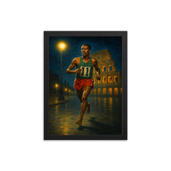 Abebe Bikila barefoot victory under Roman night lights framed print on a plain backdrop in size 12"x16".
