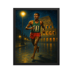 Abebe Bikila barefoot victory under Roman night lights framed print on a plain backdrop in size 16"x20".