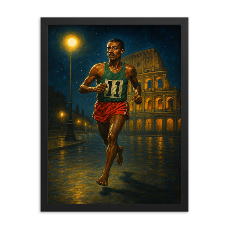 Abebe Bikila barefoot victory under Roman night lights framed print on a plain backdrop in size 18