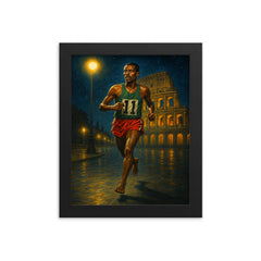 Abebe Bikila barefoot victory under Roman night lights framed print on a plain backdrop in size 8"x10".