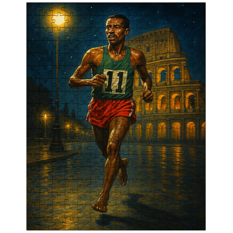 Abebe Bikila barefoot victory under Roman night lights jigsaw puzzle
