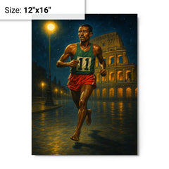 Abebe Bikila barefoot victory under Roman night lights metal print on a plain backdrop in size 12"x16".