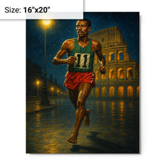 Abebe Bikila barefoot victory under Roman night lights metal print on a plain backdrop in size 16"x20".