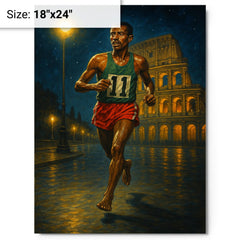 Abebe Bikila barefoot victory under Roman night lights metal print on a plain backdrop in size 18"x24".