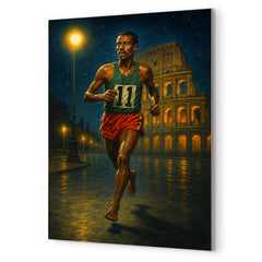 Abebe Bikila barefoot victory under Roman night lights metal print mockup