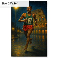 Abebe Bikila barefoot victory under Roman night lights metal print on a plain backdrop in size 24"x36".