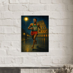 Abebe Bikila barefoot victory under Roman night lights metal print mockup