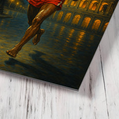 Abebe Bikila barefoot victory under Roman night lights metal print mockup