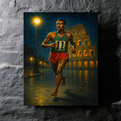 Abebe Bikila barefoot victory under Roman night lights metal print mockup
