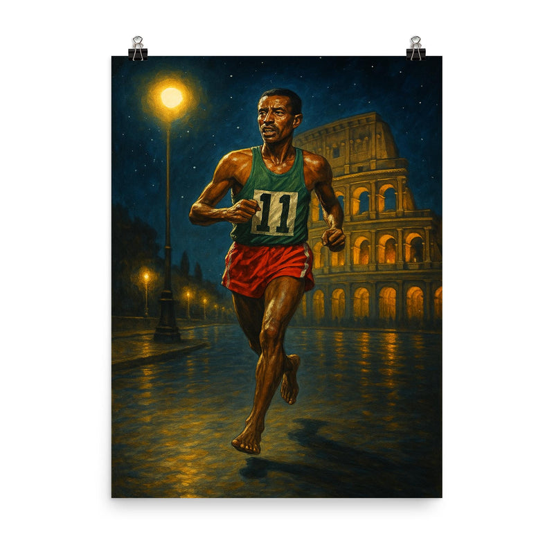 Abebe Bikila barefoot victory under Roman night lights poster on a plain backdrop in size 8