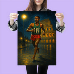 Abebe Bikila barefoot victory under Roman night lights poster 3