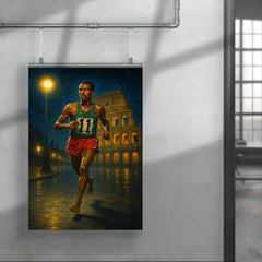Abebe Bikila barefoot victory under Roman night lights poster 4