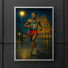 Abebe Bikila barefoot victory under Roman night lights poster 5